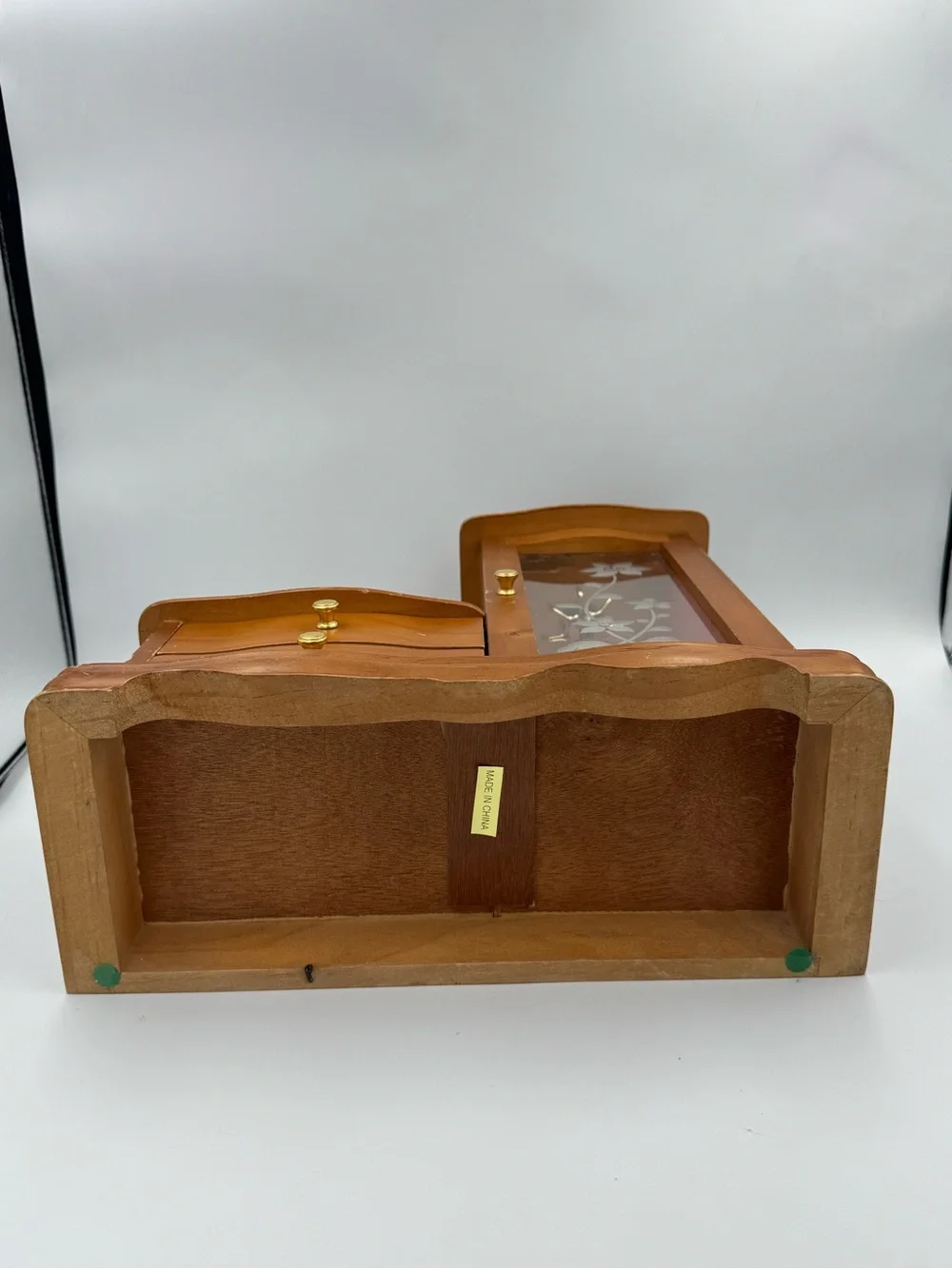 Vintage Musical Wooden Jewelry Box Armoire‎ Etched Glass Door w 2 Drawers